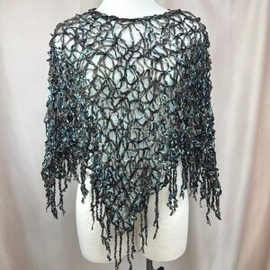 ALBERTO MAKALI Shawl Crochet Net Brown Blue Fringe Party Wedding Whimsy Fairy